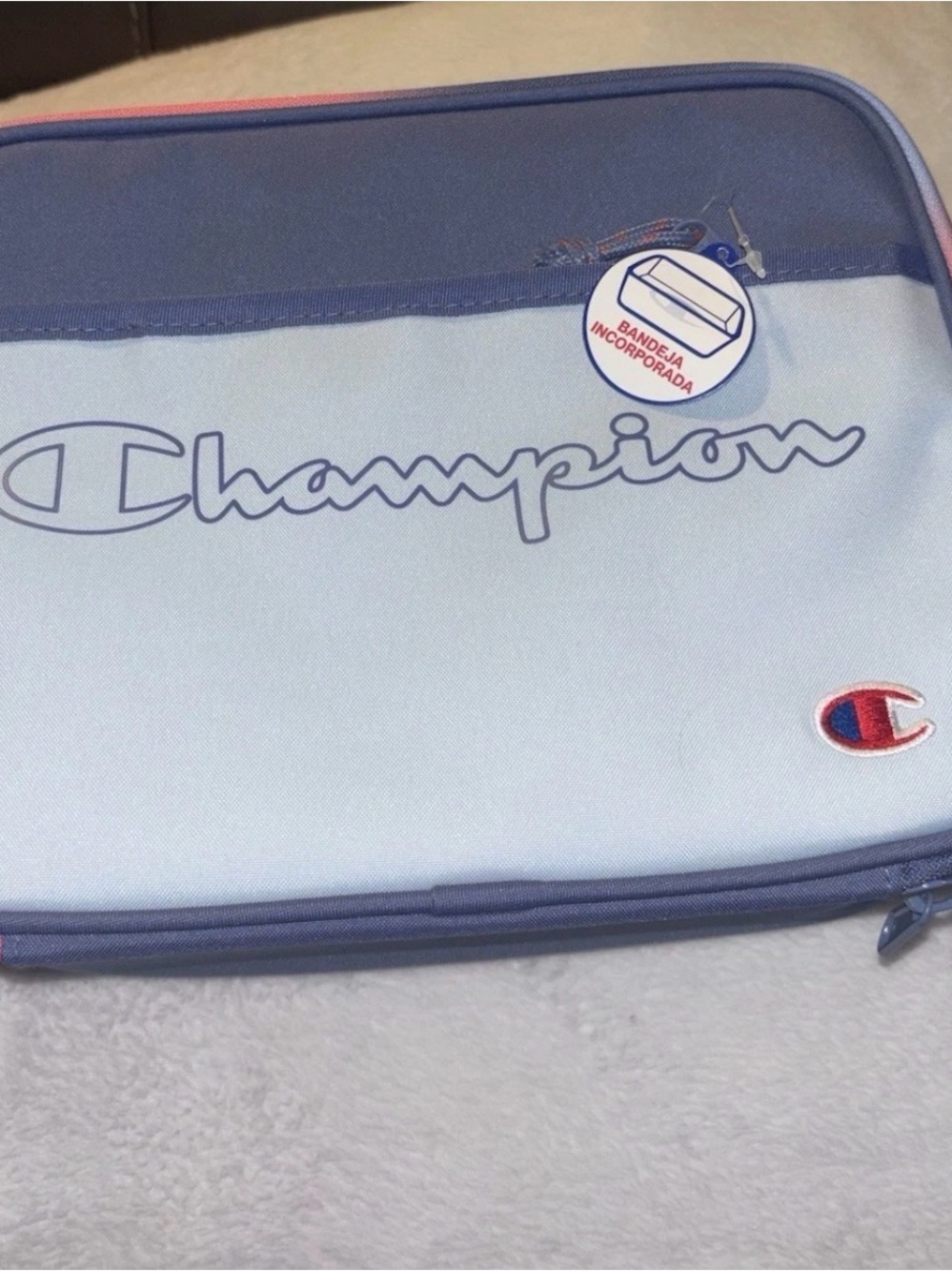 Champion Light Blue and Navy Laptop Bag with Red Logo Accent